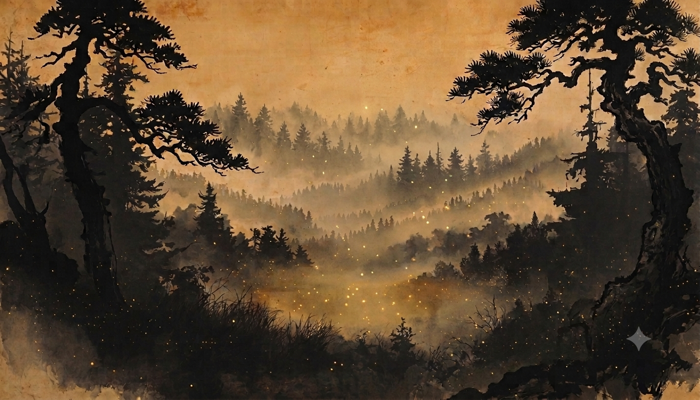 The Gloaming Glade at dusk — gnarled trees around a clearing full of drifting firefly lights